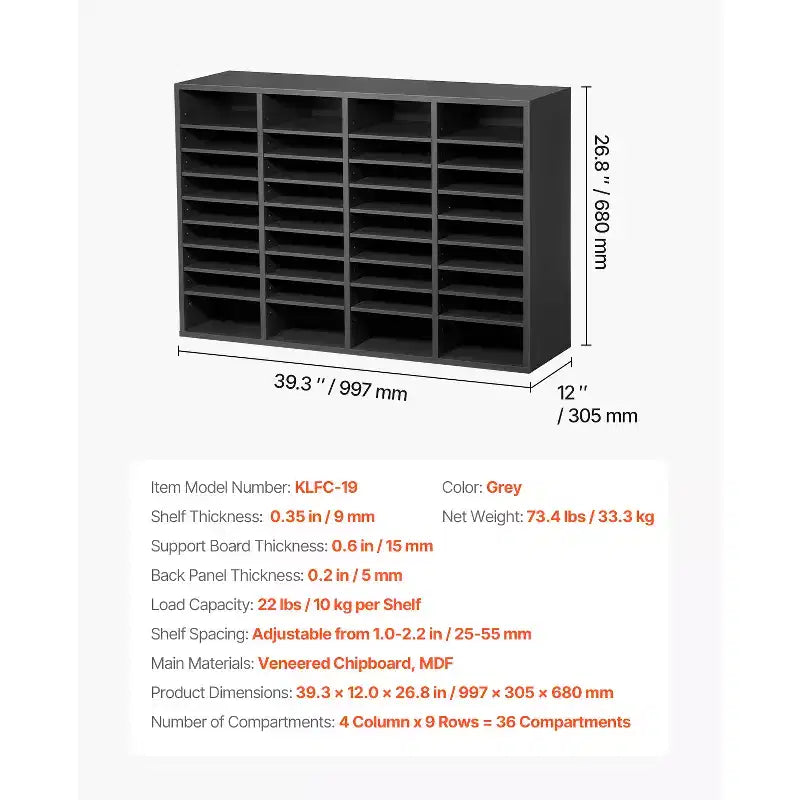 Organisateur de documents VEVOR, casier de bureau à 36 compartiments avec étagères réglables, trieur de courrier en bois MDF, gris