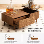 Table basse relevable cannelée moderne avec rangement dissimulé et tiroirs texturés artisanaux - Noyer Gaoyangjiaju