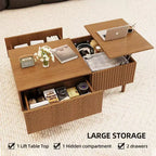 Table basse relevable cannelée moderne avec rangement dissimulé et tiroirs texturés artisanaux - Noyer Gaoyangjiaju
