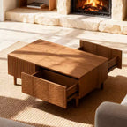 Table basse relevable cannelée moderne avec rangement dissimulé et tiroirs texturés artisanaux - Noyer Gaoyangjiaju
