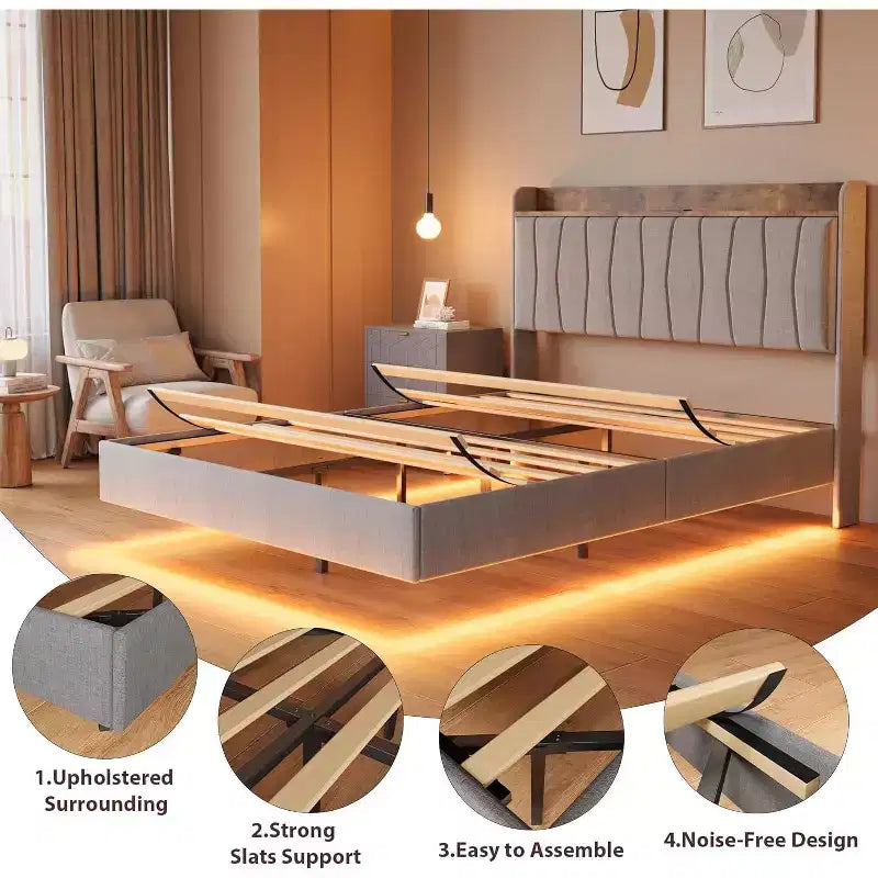 COZONY Safe Floating Bed Frame, LED Lights & Charging Station, Upholstered Headboard, Wood Slats