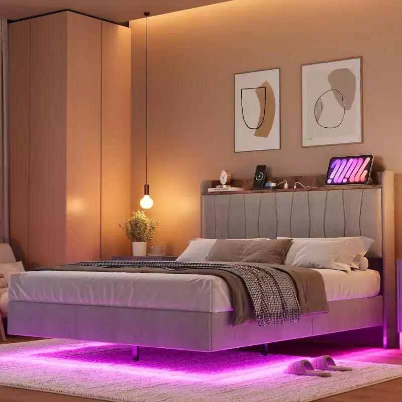 COZONY Safe Floating Bed Frame, LED Lights & Charging Station, Upholstered Headboard, Wood Slats