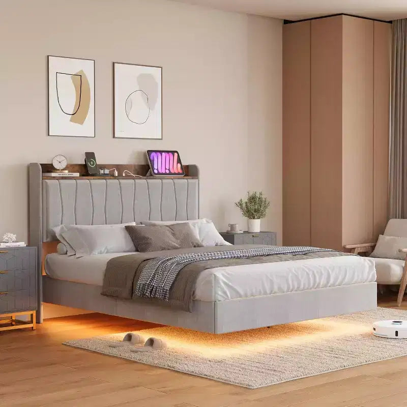 Cadre de lit flottant sécurisé COZONY, lumières LED et station de charge, tête de lit rembourrée, lattes en bois