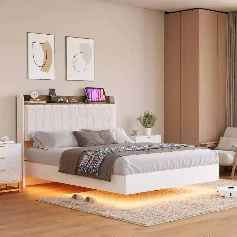 Cadre de lit flottant sécurisé COZONY, lumières LED et station de charge, tête de lit rembourrée, lattes en bois