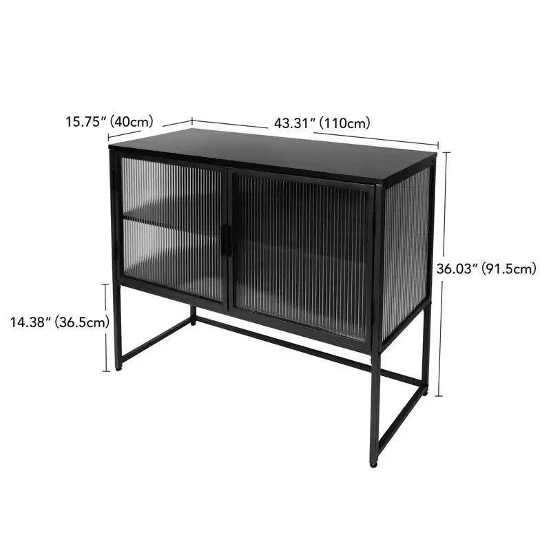Armoire de rangement moderne avec porte en verre, cadre en métal, buffet autoportant à double couche, convient pour le salon et la cuisine, noir