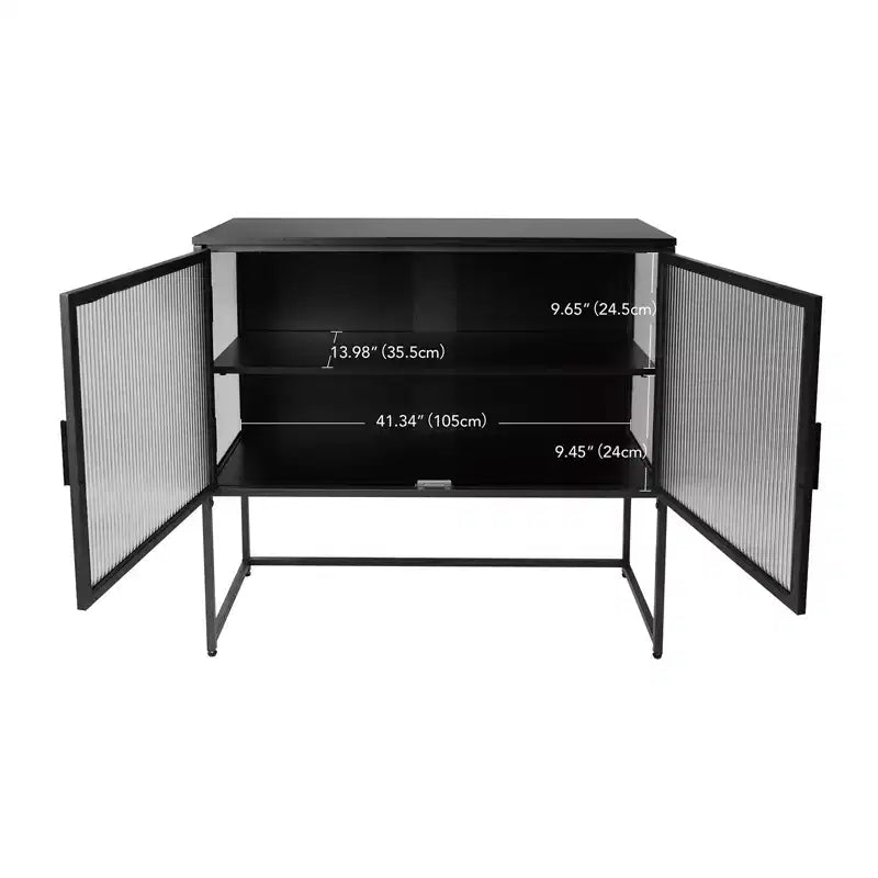 Armoire de rangement moderne avec porte en verre, cadre en métal, buffet autoportant à double couche, convient pour le salon et la cuisine, noir