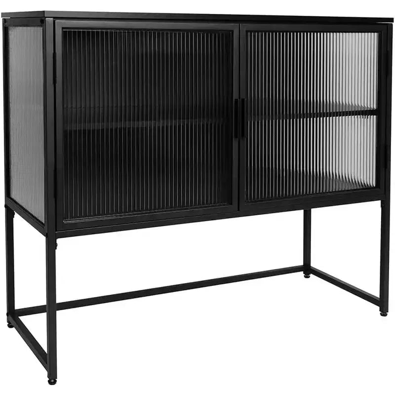 Armoire de rangement moderne avec porte en verre, cadre en métal, buffet autoportant à double couche, convient pour le salon et la cuisine, noir