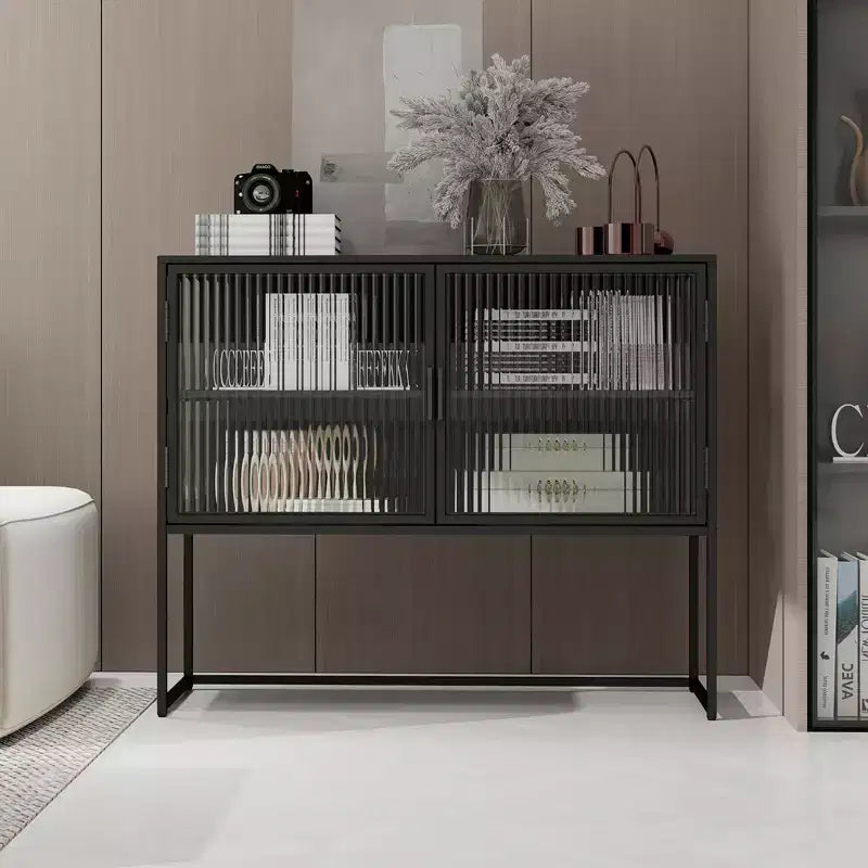 Armoire de rangement moderne avec porte en verre, cadre en métal, buffet autoportant à double couche, convient pour le salon et la cuisine, noir