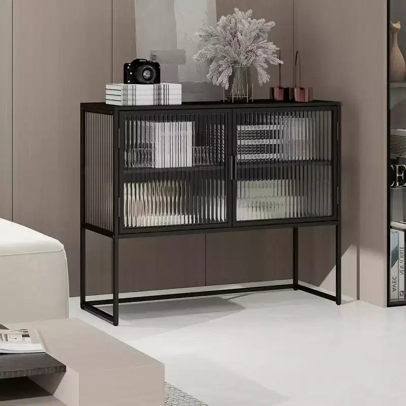 Armoire de rangement moderne avec porte en verre, cadre en métal, buffet autoportant à double couche, convient pour le salon et la cuisine, noir