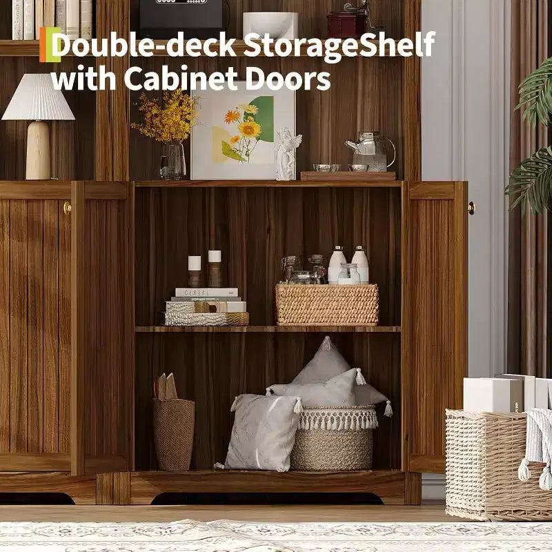 Bibliothèque de 72'' de haut avec portes doubles et étagère réglable, 5 niveaux, en bois, avec rangement pour le bureau à domicile.
