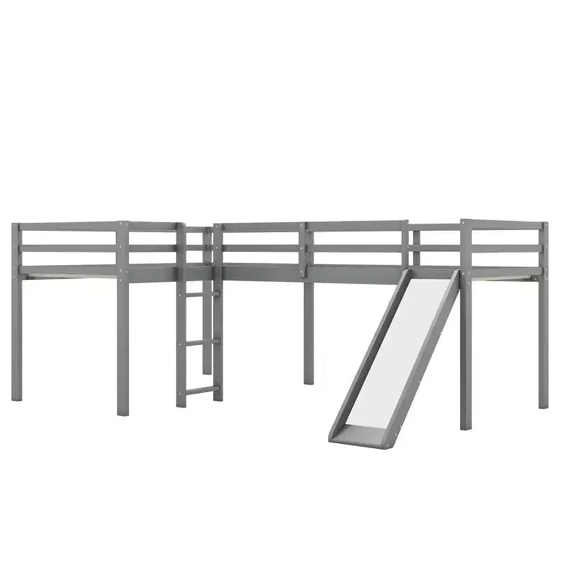 Lit superposé double en bois de taille double avec toboggan, lit superposé en L avec garde-corps pleine longueur pour chambre d'enfant