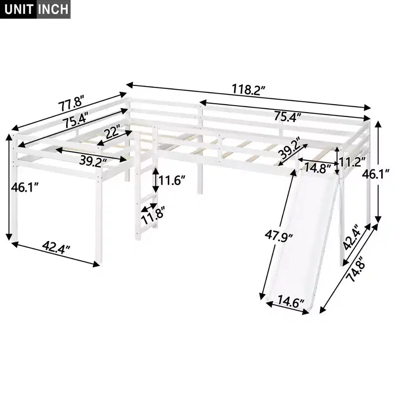 Lit superposé double en bois de taille double avec toboggan, lit superposé en L avec garde-corps pleine longueur pour chambre d'enfant