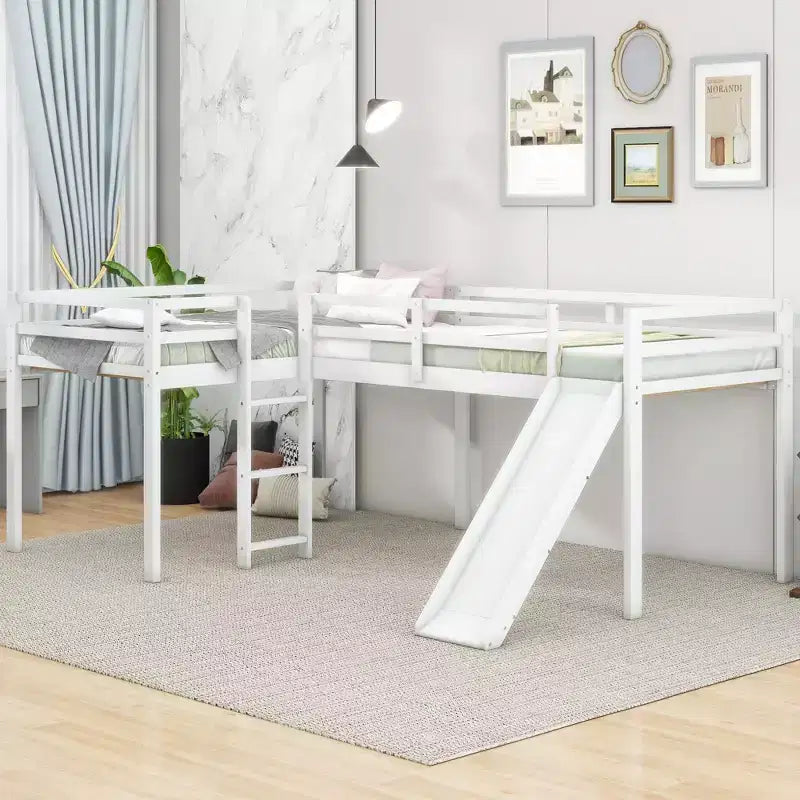 Lit superposé double en bois de taille double avec toboggan, lit superposé en L avec garde-corps pleine longueur pour chambre d'enfant