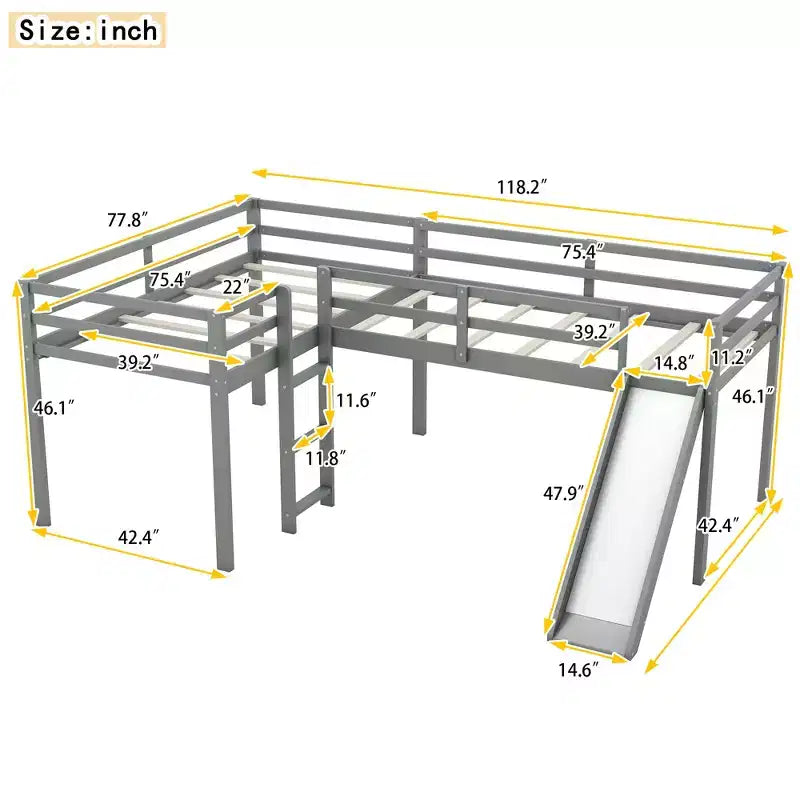 Lit superposé double en bois de taille double avec toboggan, lit superposé en L avec garde-corps pleine longueur pour chambre d'enfant