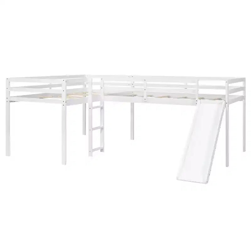 Lit superposé double en bois de taille double avec toboggan, lit superposé en L avec garde-corps pleine longueur pour chambre d'enfant