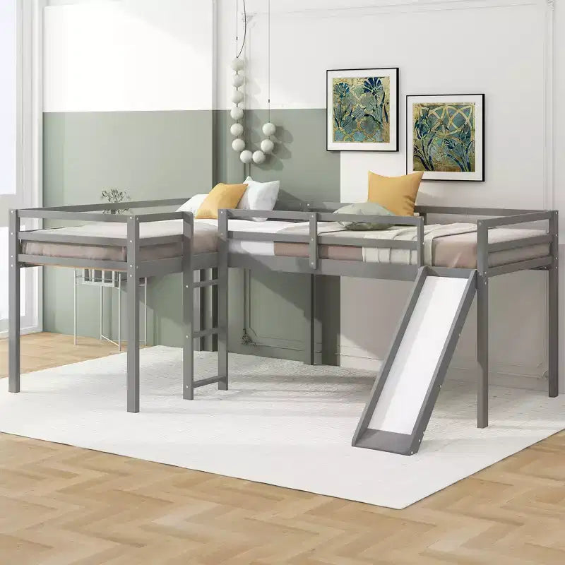 Lit superposé double en bois de taille double avec toboggan, lit superposé en L avec garde-corps pleine longueur pour chambre d'enfant