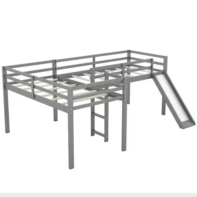 Lit superposé double en bois de taille double avec toboggan, lit superposé en L avec garde-corps pleine longueur pour chambre d'enfant