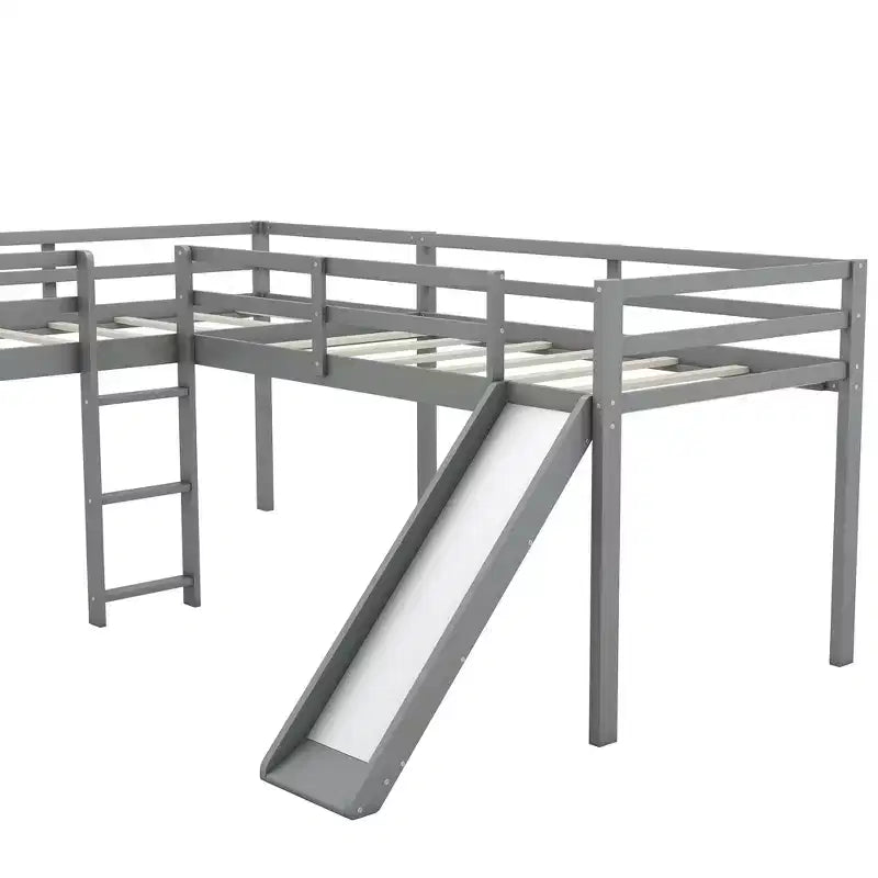 Lit superposé double en bois de taille double avec toboggan, lit superposé en L avec garde-corps pleine longueur pour chambre d'enfant