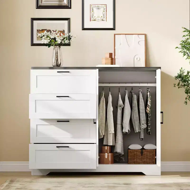 43.3'' H Multifunctional Wooden Dresser, 2 Door Wardrobe Armoire Closet with 4 Drawers and Hanging Rod, Wooden Dresser Cabinet for Bedroom