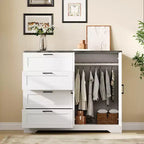 43.3'' H Multifunctional Wooden Dresser, 2 Door Wardrobe Armoire Closet with 4 Drawers and Hanging Rod, Wooden Dresser Cabinet for Bedroom