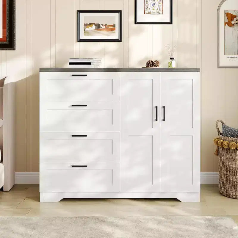 Commode en bois multifonctionnelle de 109,9 cm de hauteur, armoire de garde-robe à 2 portes avec 4 tiroirs et tringle à vêtements, commode en bois pour chambre à coucher