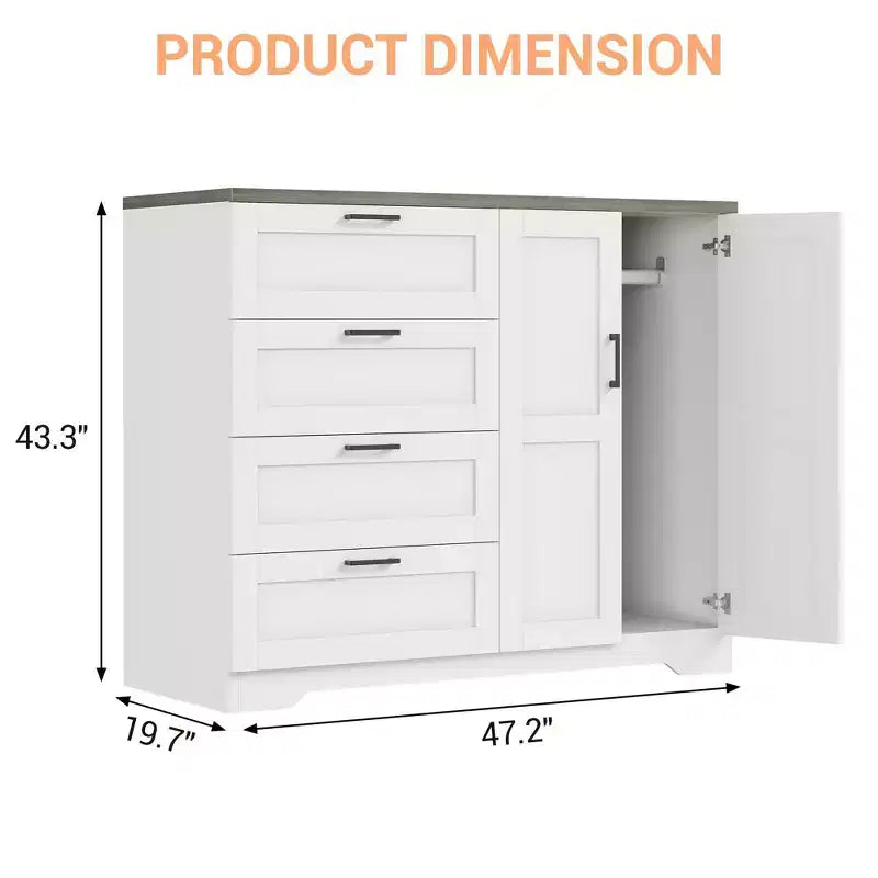 Commode en bois multifonctionnelle de 109,9 cm de hauteur, armoire de garde-robe à 2 portes avec 4 tiroirs et tringle à vêtements, commode en bois pour chambre à coucher