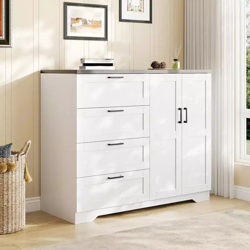 Commode en bois multifonctionnelle de 109,9 cm de hauteur, armoire de garde-robe à 2 portes avec 4 tiroirs et tringle à vêtements, commode en bois pour chambre à coucher