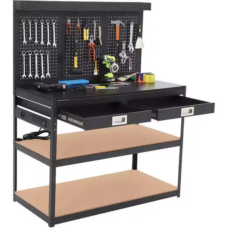 Acekool 48 Adjustable Workbench, 3-Tier Heavy-Duty Work Table with Power Outlets, Drawer & Pegboard, 880 lbs Load, for Garage Office Workshop