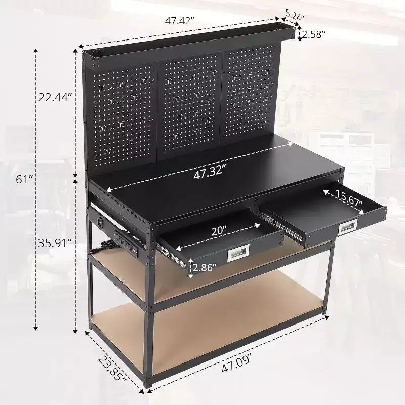 Établi réglable Acekool 48", table de travail robuste à 3 niveaux avec prises électriques, tiroir et panneau perforé, capacité de charge de 400 kg, pour garage, bureau, atelier