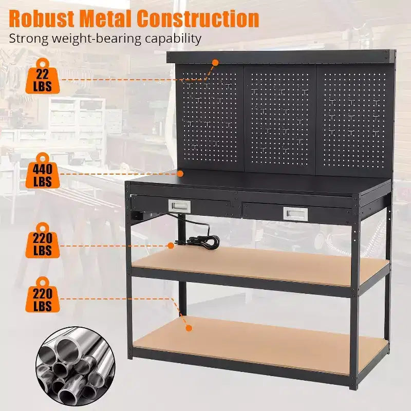 Établi réglable Acekool 48", table de travail robuste à 3 niveaux avec prises électriques, tiroir et panneau perforé, capacité de charge de 400 kg, pour garage, bureau, atelier