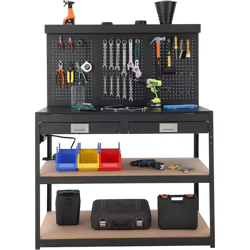 Établi réglable Acekool 48", table de travail robuste à 3 niveaux avec prises électriques, tiroir et panneau perforé, capacité de charge de 400 kg, pour garage, bureau, atelier
