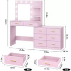 Coiffeuse de maquillage Acekool 61 avec miroir, 8 tiroirs larges, 2 étagères de rangement, miroir réglable 3 modes, table de coiffure rose pour chambre à coucher
