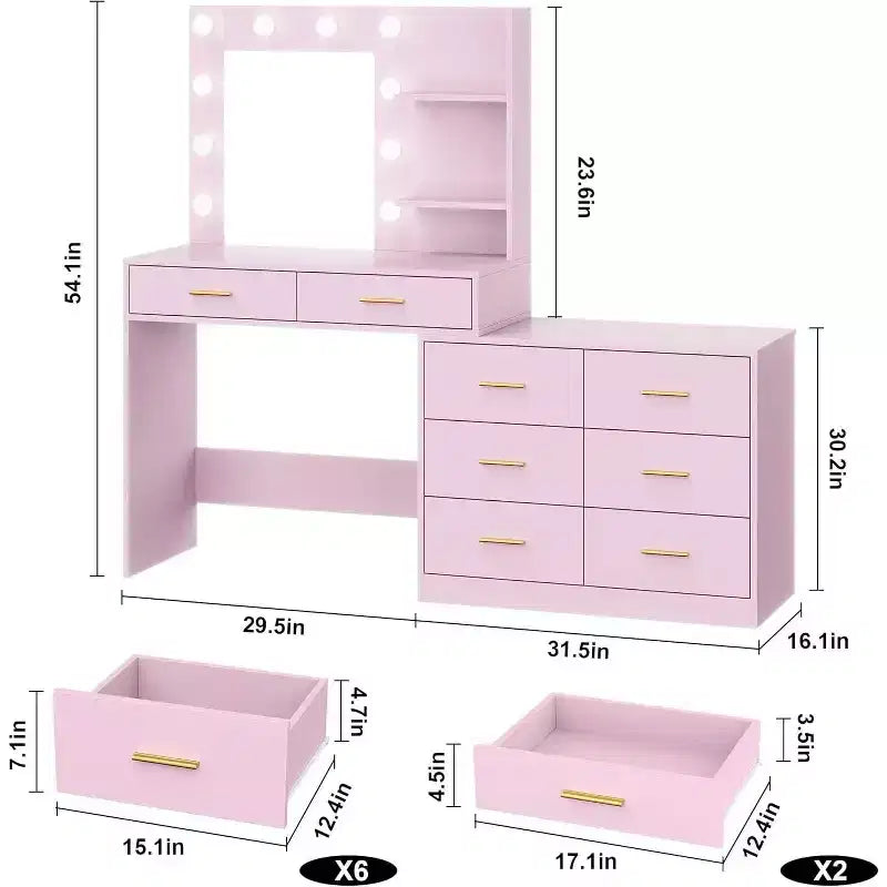 Coiffeuse de maquillage Acekool 61 avec miroir, 8 tiroirs larges, 2 étagères de rangement, miroir réglable 3 modes, table de coiffure rose pour chambre à coucher