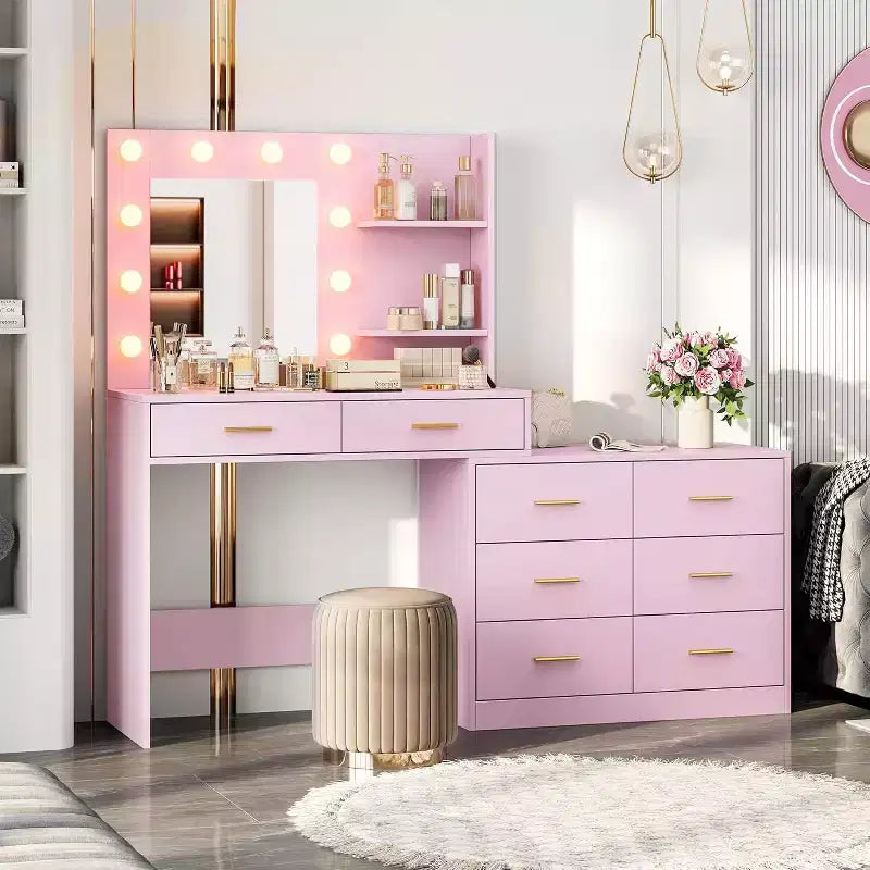 Coiffeuse de maquillage Acekool 61 avec miroir, 8 tiroirs larges, 2 étagères de rangement, miroir réglable 3 modes, table de coiffure rose pour chambre à coucher