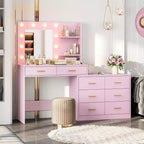 Coiffeuse de maquillage Acekool 61 avec miroir, 8 tiroirs larges, 2 étagères de rangement, miroir réglable 3 modes, table de coiffure rose pour chambre à coucher