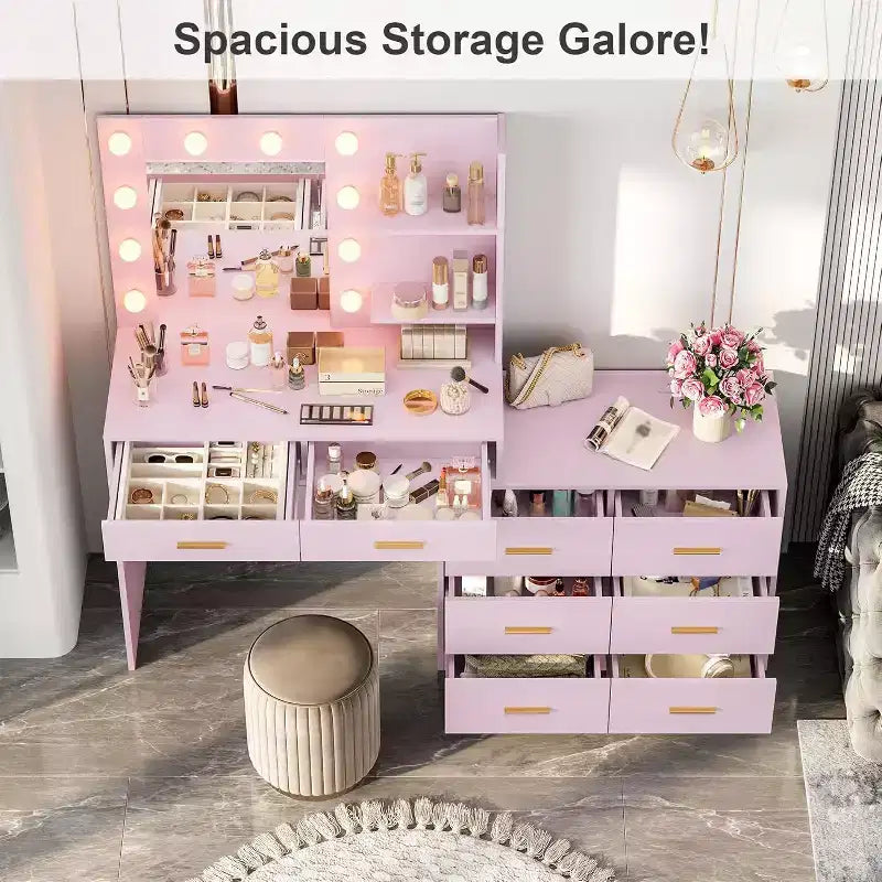 Coiffeuse de maquillage Acekool 61 avec miroir, 8 tiroirs larges, 2 étagères de rangement, miroir réglable 3 modes, table de coiffure rose pour chambre à coucher