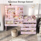 Coiffeuse de maquillage Acekool 61 avec miroir, 8 tiroirs larges, 2 étagères de rangement, miroir réglable 3 modes, table de coiffure rose pour chambre à coucher