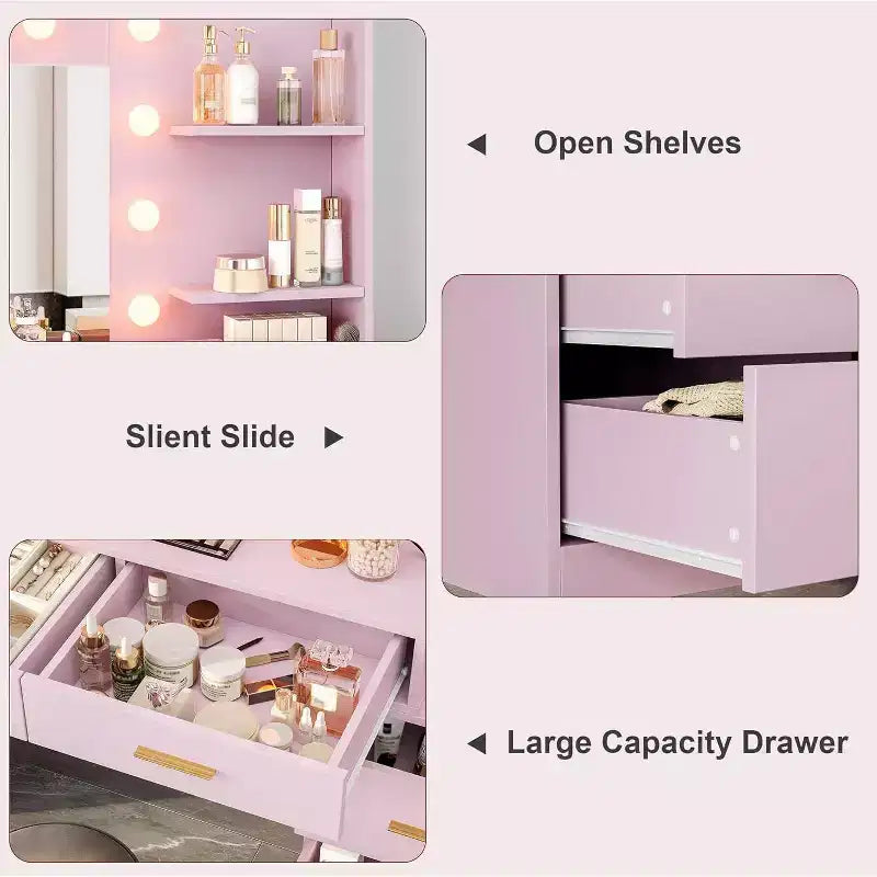 Coiffeuse de maquillage Acekool 61 avec miroir, 8 tiroirs larges, 2 étagères de rangement, miroir réglable 3 modes, table de coiffure rose pour chambre à coucher