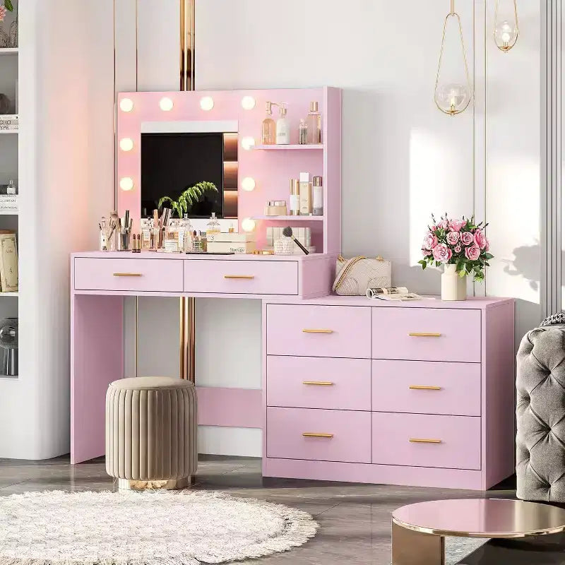 Coiffeuse de maquillage Acekool 61 avec miroir, 8 tiroirs larges, 2 étagères de rangement, miroir réglable 3 modes, table de coiffure rose pour chambre à coucher
