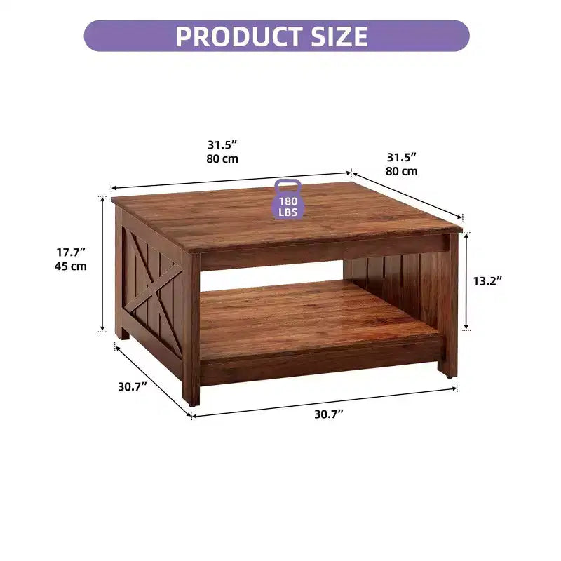 Table basse carrée de style rustique avec étagère inférieure pour salon, organisateur, marron