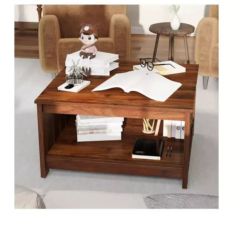 Table basse carrée de style rustique avec étagère inférieure pour salon, organisateur, marron