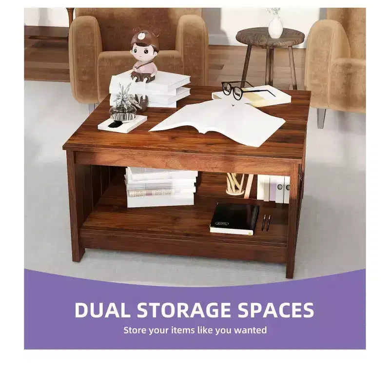 Table basse carrée de style rustique avec étagère inférieure pour salon, organisateur, marron