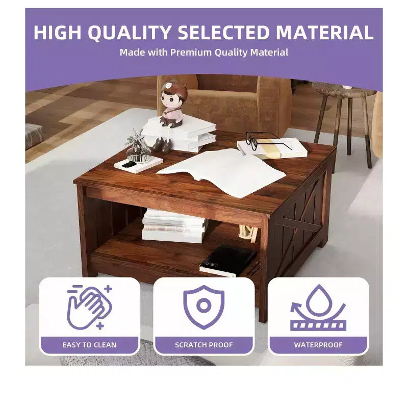 Table basse carrée de style rustique avec étagère inférieure pour salon, organisateur, marron