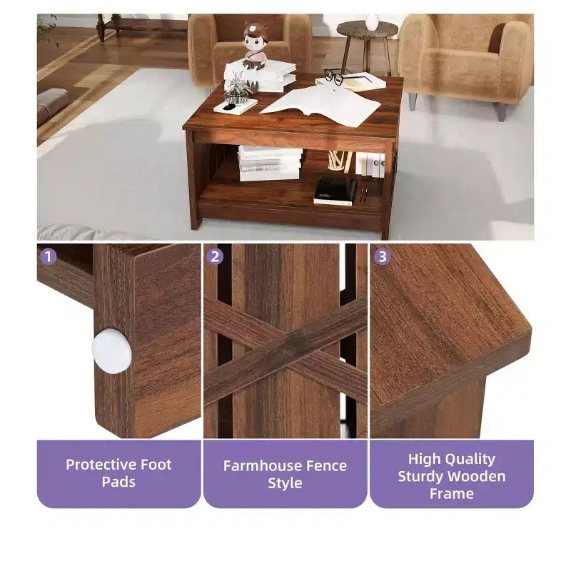 Table basse carrée de style rustique avec étagère inférieure pour salon, organisateur, marron