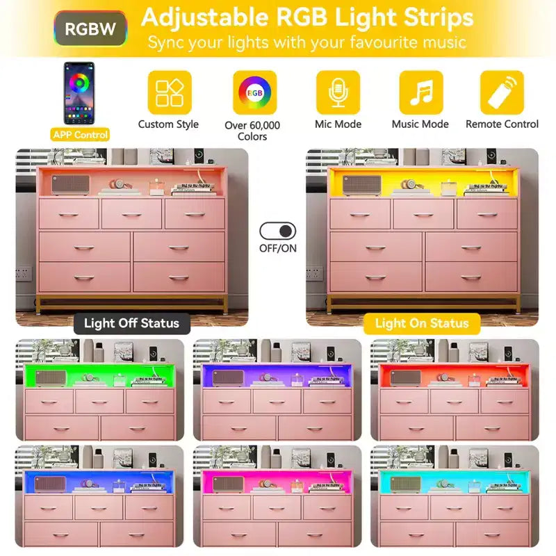 Commode de Chambre avec Lumières LED 7 Tiroirs avec Station de Recharge, Commode de Rangement en Bois pour Entrée, Placard, Salon, Couloir