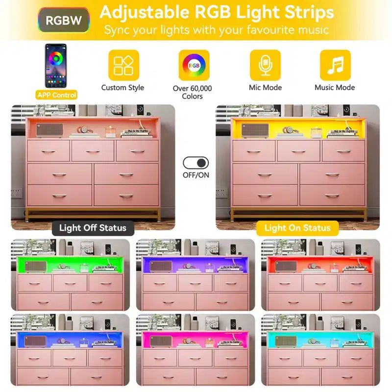 Commode de Chambre avec Lumières LED 7 Tiroirs avec Station de Recharge, Commode de Rangement en Bois pour Entrée, Placard, Salon, Couloir