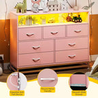 Commode de Chambre avec Lumières LED 7 Tiroirs avec Station de Recharge, Commode de Rangement en Bois pour Entrée, Placard, Salon, Couloir
