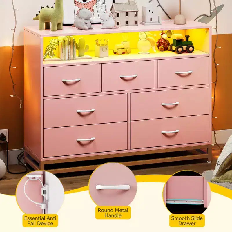 Commode de Chambre avec Lumières LED 7 Tiroirs avec Station de Recharge, Commode de Rangement en Bois pour Entrée, Placard, Salon, Couloir
