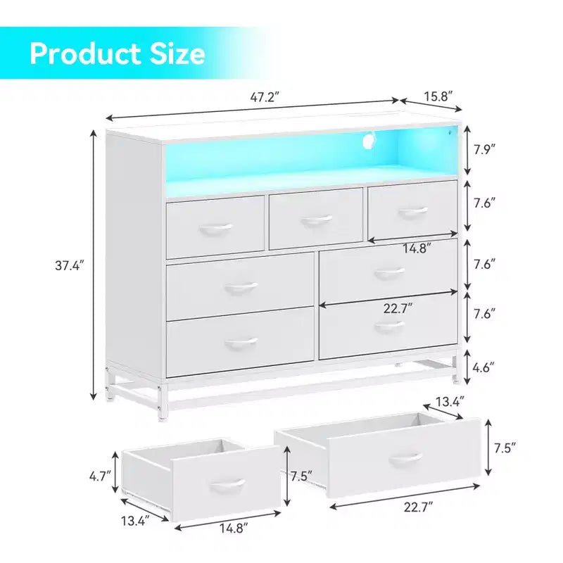 Commode de Chambre avec Lumières LED 7 Tiroirs avec Station de Recharge, Commode de Rangement en Bois pour Entrée, Placard, Salon, Couloir