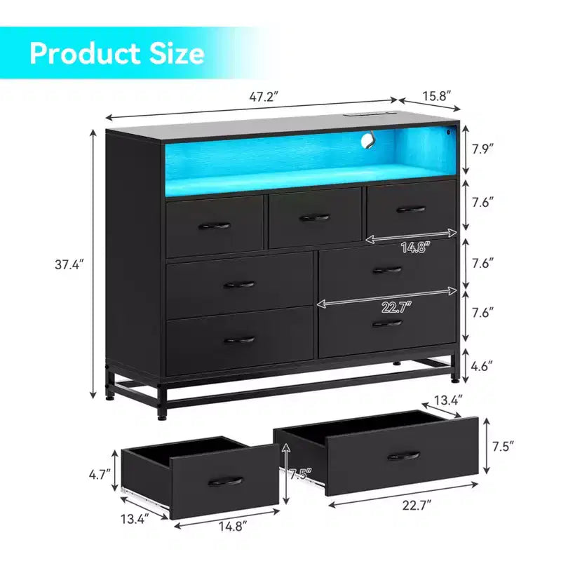 Commode de Chambre avec Lumières LED 7 Tiroirs avec Station de Recharge, Commode de Rangement en Bois pour Entrée, Placard, Salon, Couloir